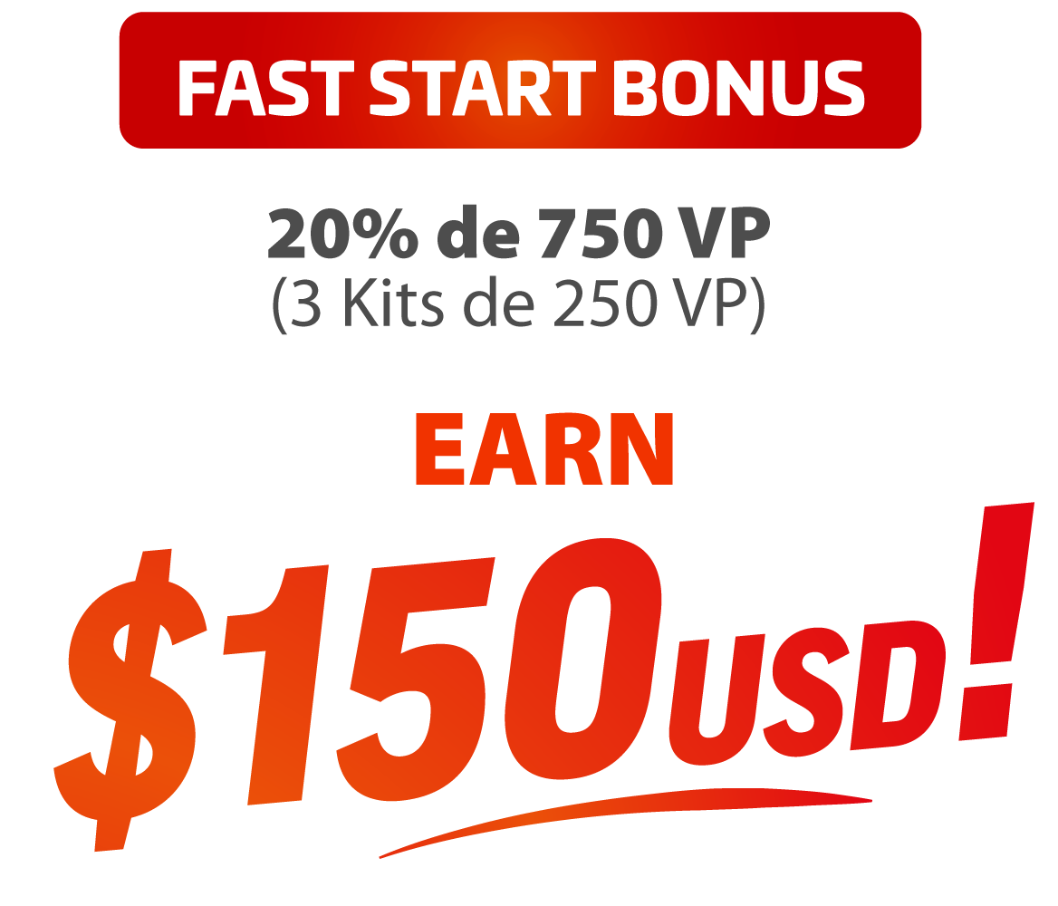Fast Start Bonus: 20% of 750 PV (3 kits of 250 PV), earn $150 USD